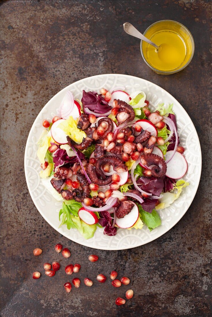 Salad with grilled octopus, radishes and pomegranate seeds