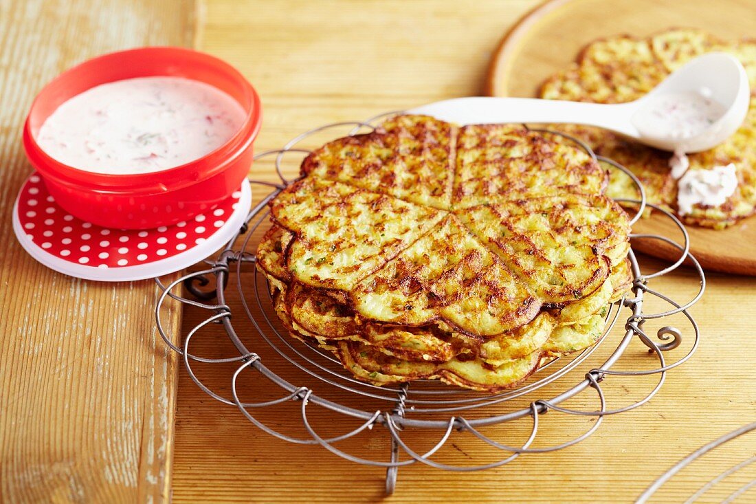 Kohlrabi waffles with radish sour cream