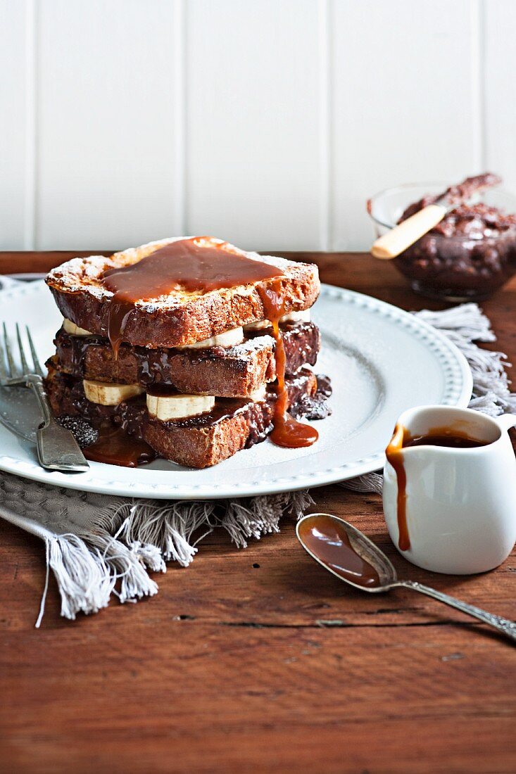 French toast with bananas, chocolate and salty caramel sauce