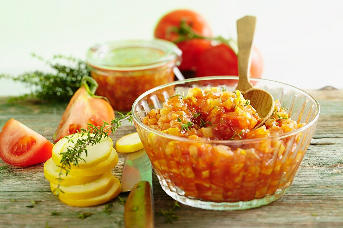 Courgette and tomato chutney with ingredients