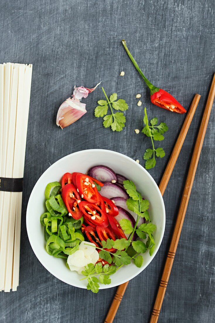 Ingredients for a simple vegetarian noodle dish from Asia