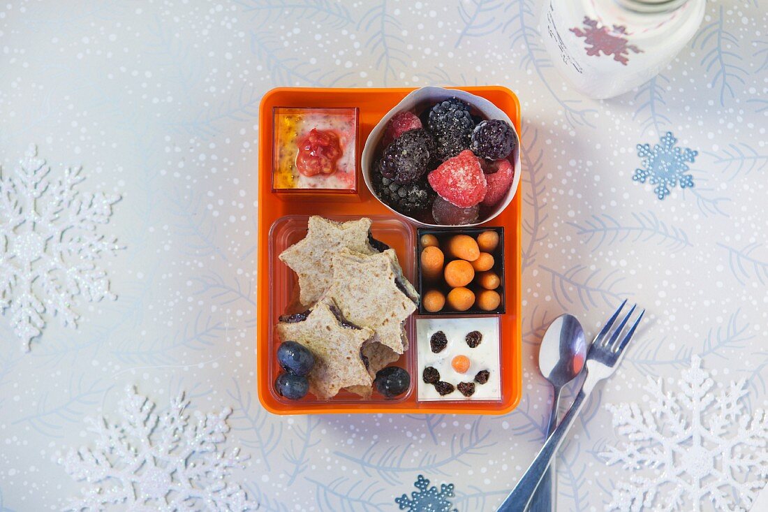 Various winter snacks in a plastic box