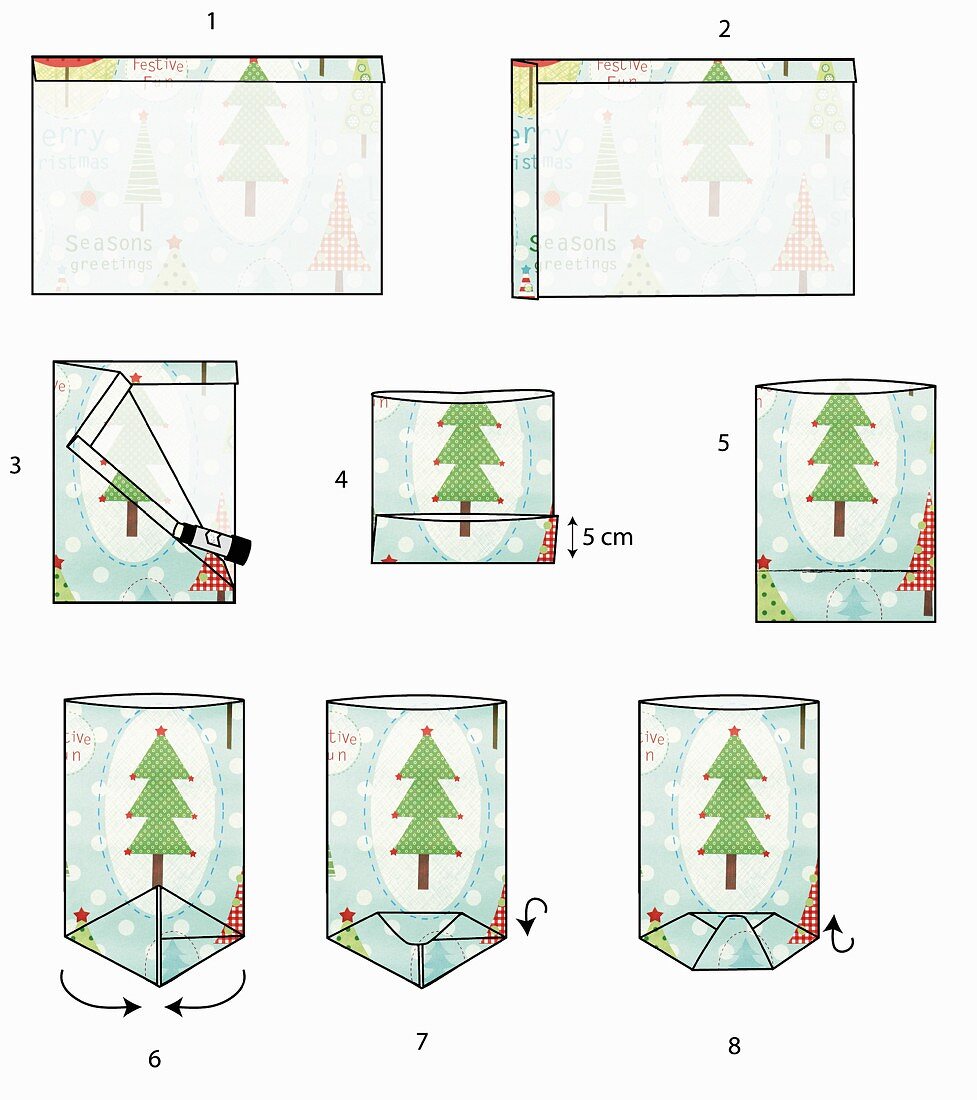 Gezeichnete Bastelanleitung für gefaltete Papiertüten als Adventskalender