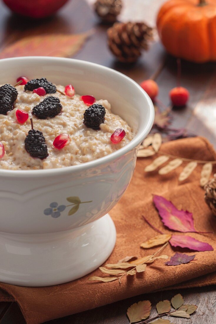 Porridge with mulberries and pomegranate seeds