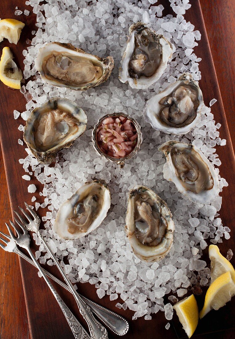 Oysters in shells on a bed of salt with lemon wedges and a mignonette sauce