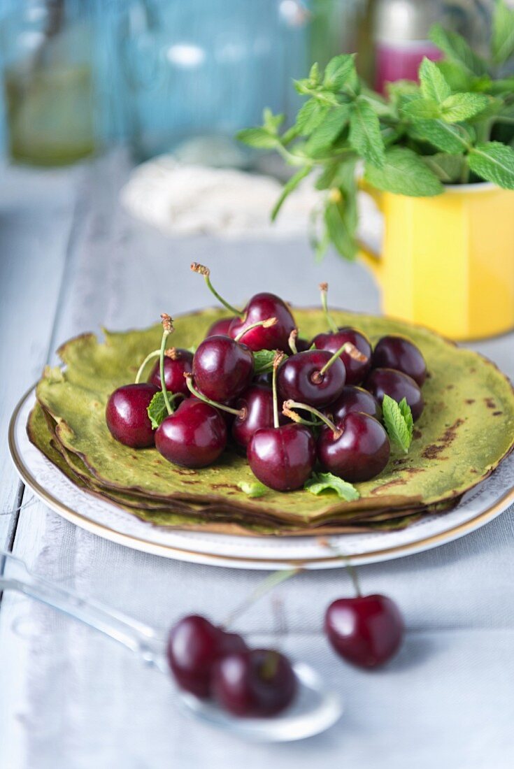Matcha crepes with cherries