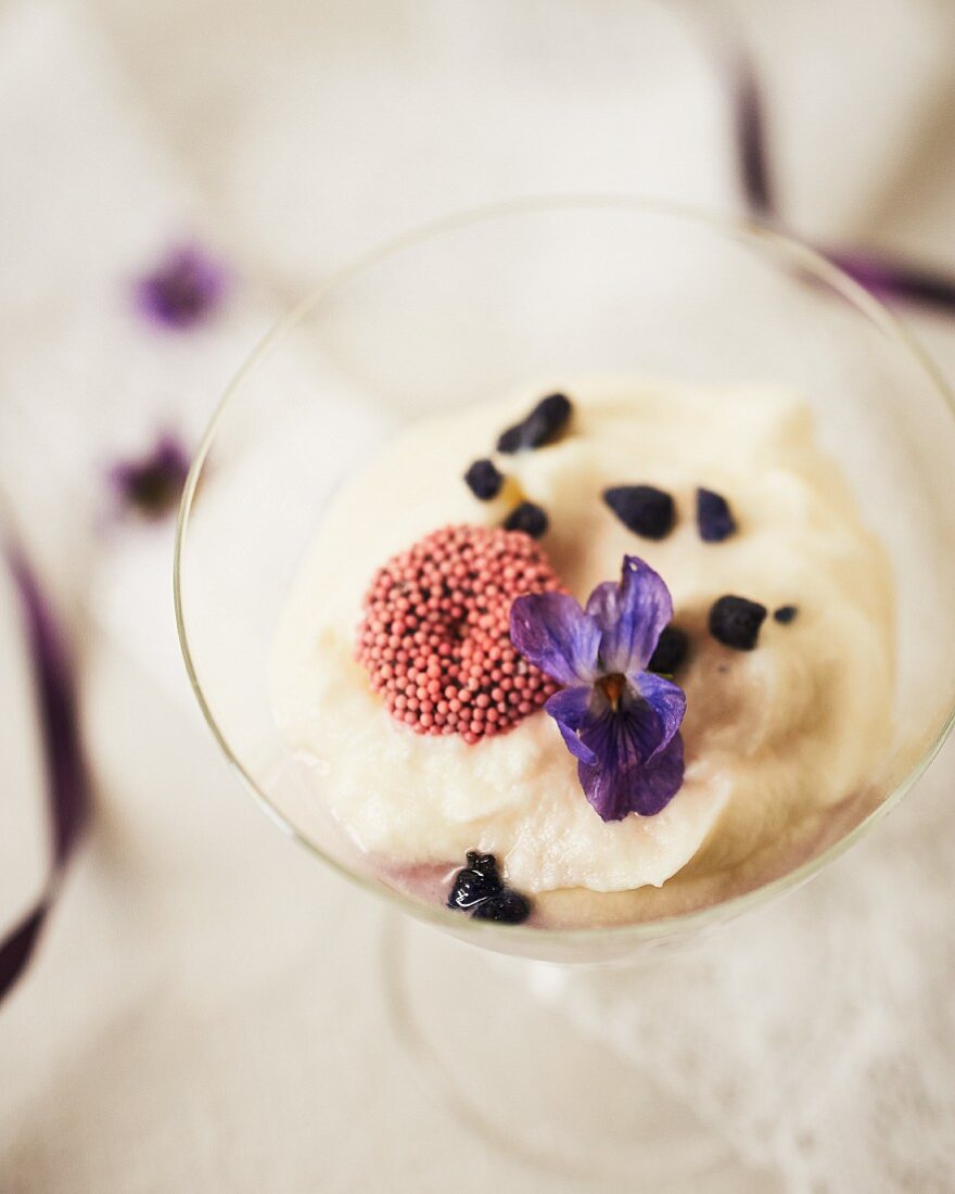 Violet flowers on white chocolate mousse