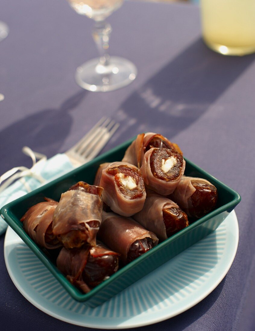 Dates filled with feta cheese and wrapped in ham for a beach picnic