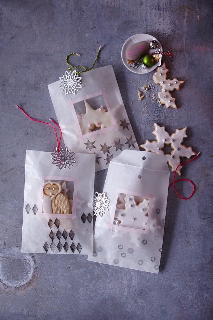 Shortbread snowflakes in homemade paperbags as a gift