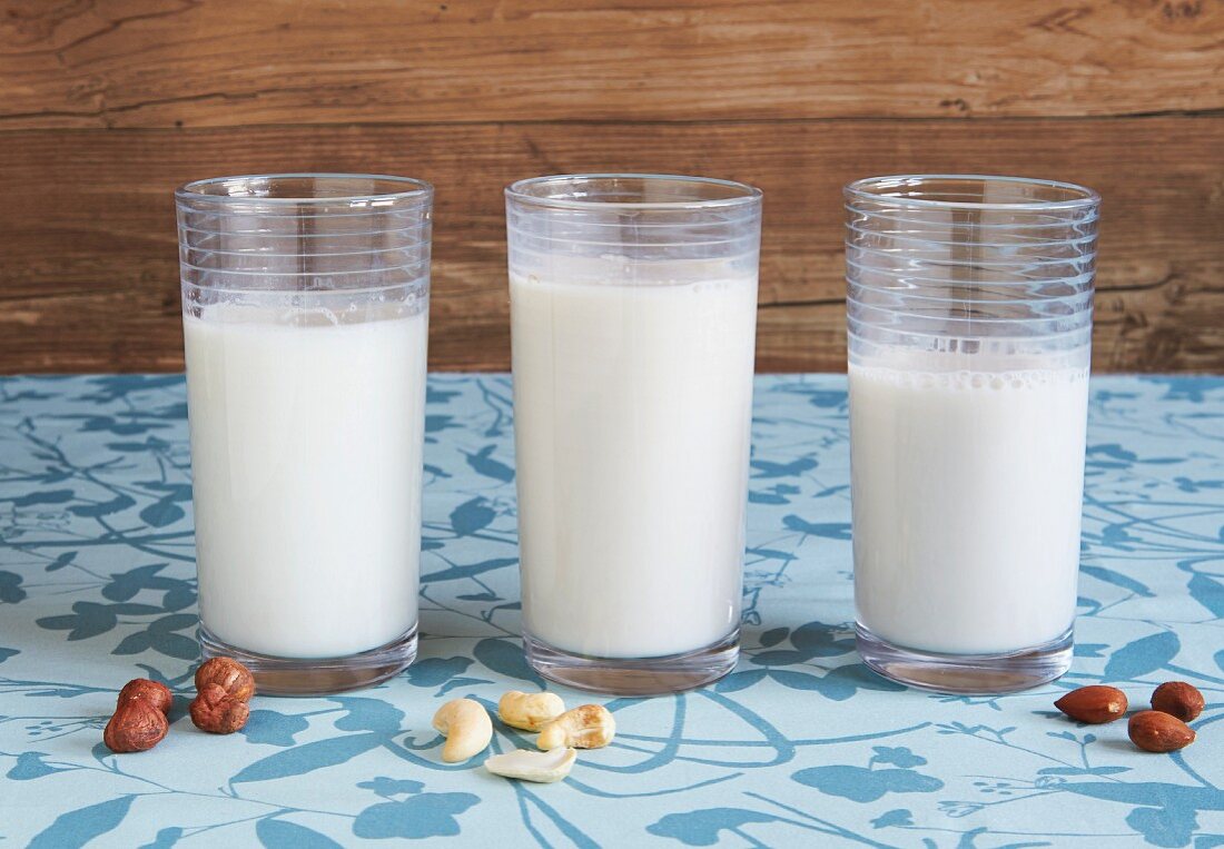 Hazelnut milk, cashew nut milk and almond milk
