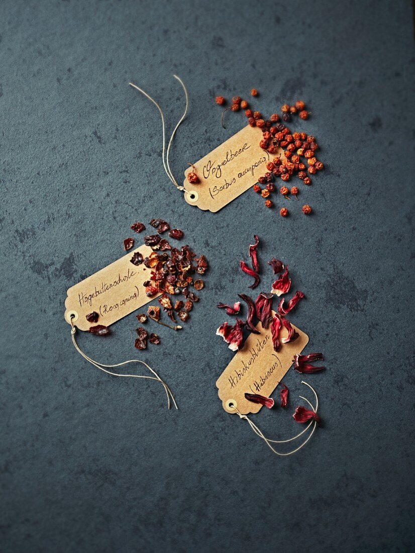 Rose hips, dried rowan berries and hibiscus flowers for tea