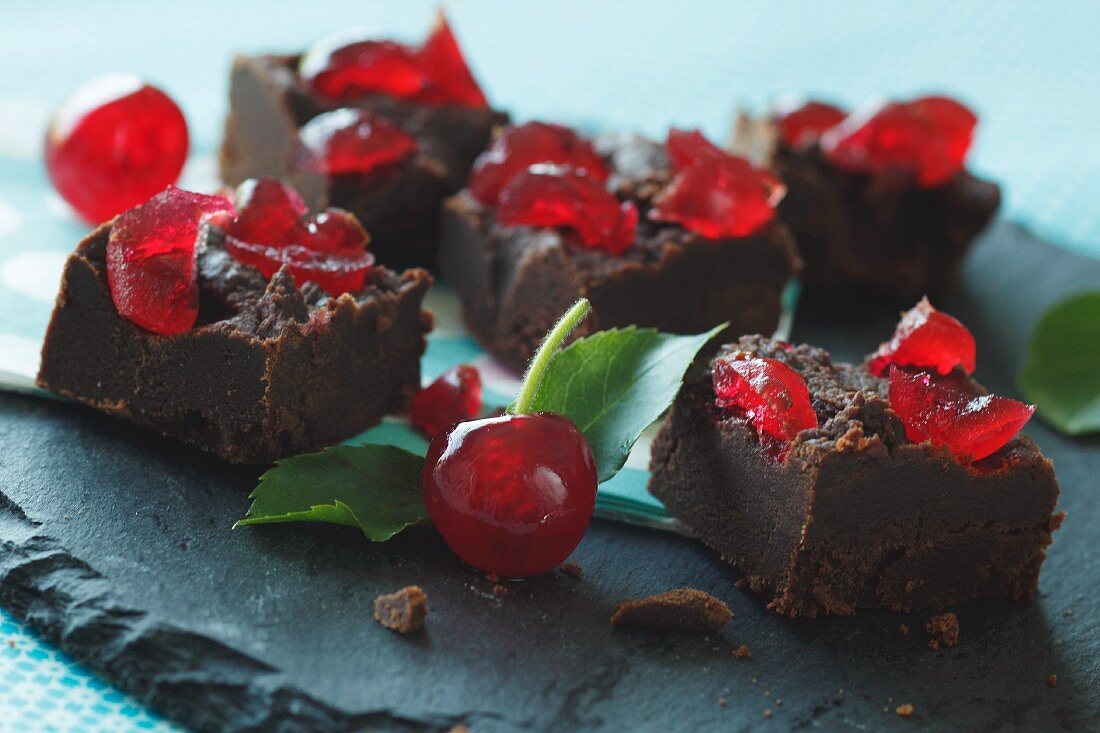 Chocolate fudge topped with cherries