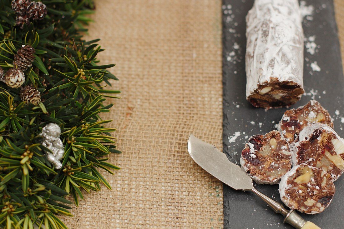 Chocolate salami with walnuts, cranberries and marshmallows