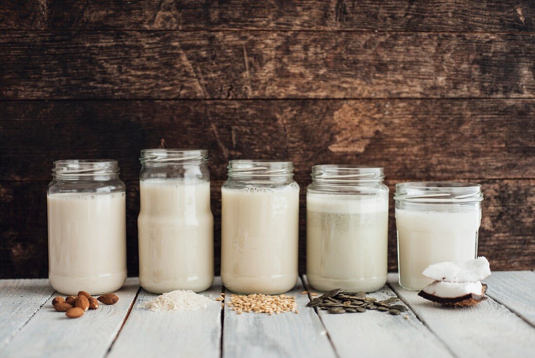 Various types of vegan milk in jars next to almonds, rice, oats, pumpkin seeds and coconut