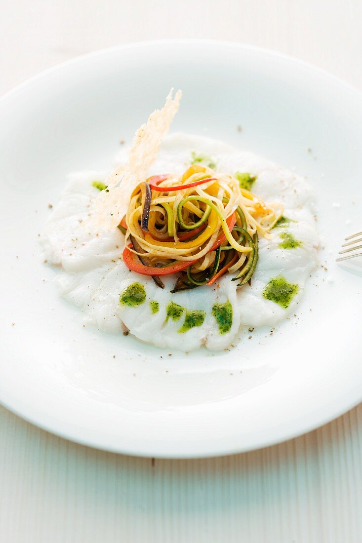 Monk fish carpaccio with vegetable strips