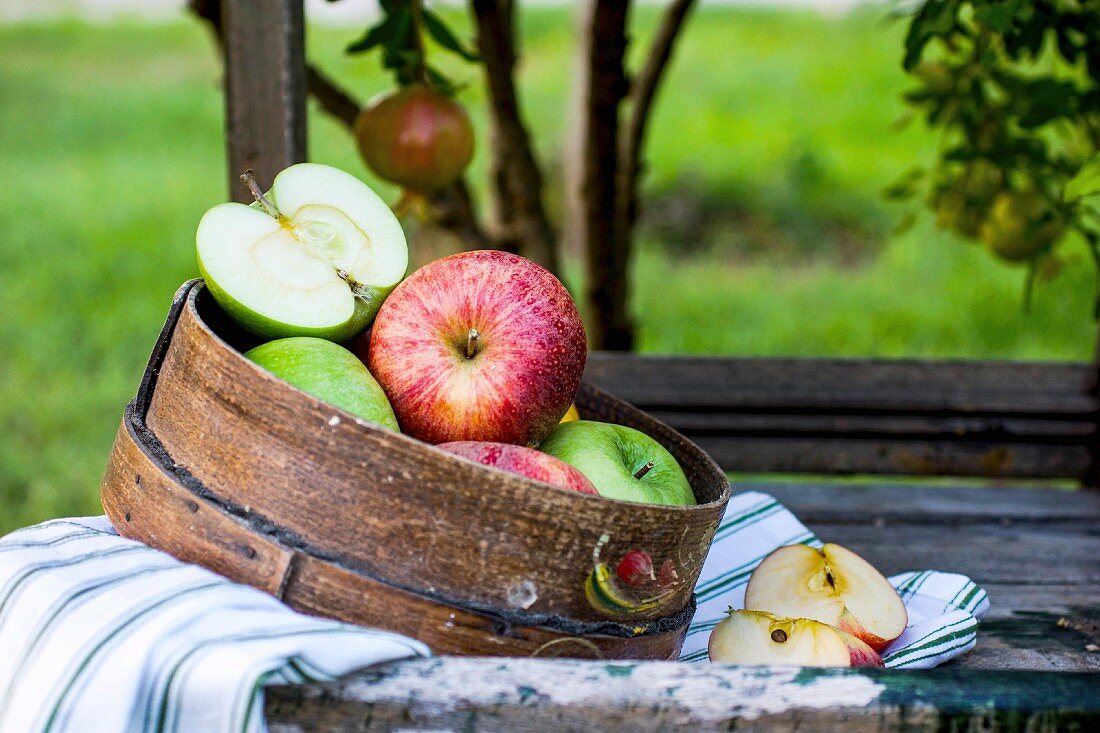 Rote & grüne Äpfel auf Tisch im Garten