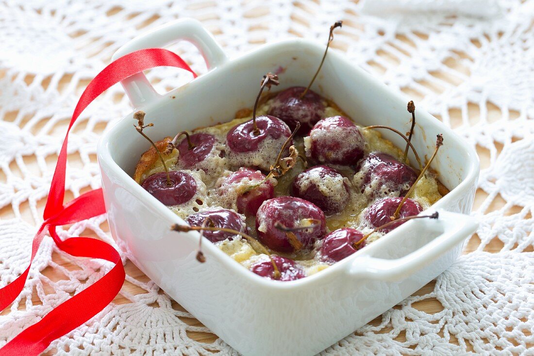 Cherry clafoutis in a baking dish