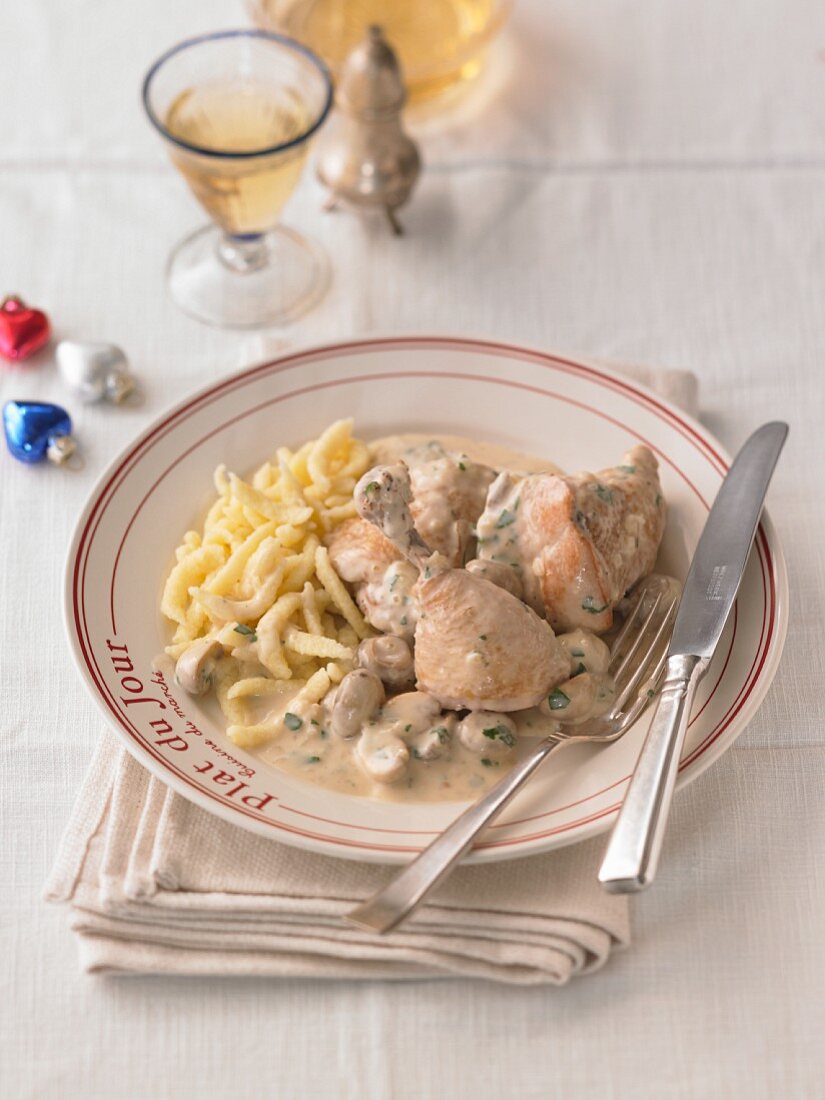 Coq Au Riesling mit Spätzle (weihnachtlich)