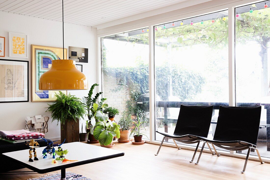 Black designer easy chairs an housplants in front of glass wall in retro living area