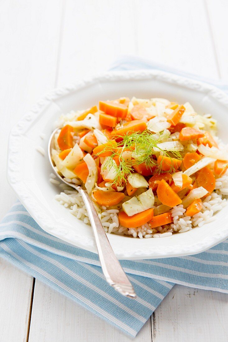 A fennel and carrot medley on a bed of rice