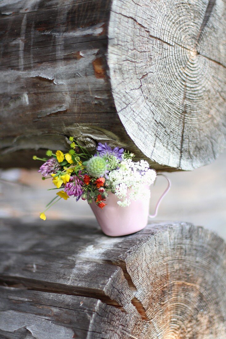 Posy of wild flowers in cup on log