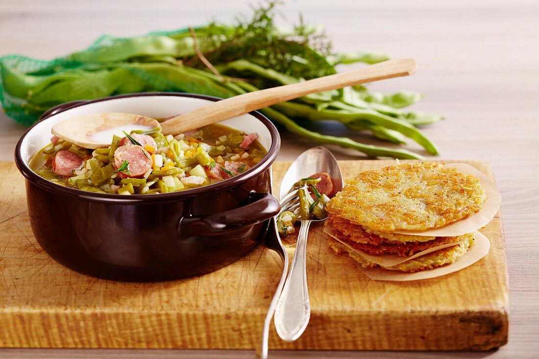 Bouneschlupp mit Gromperekichelcher (bean soup with potato cakes, Luxembourg)