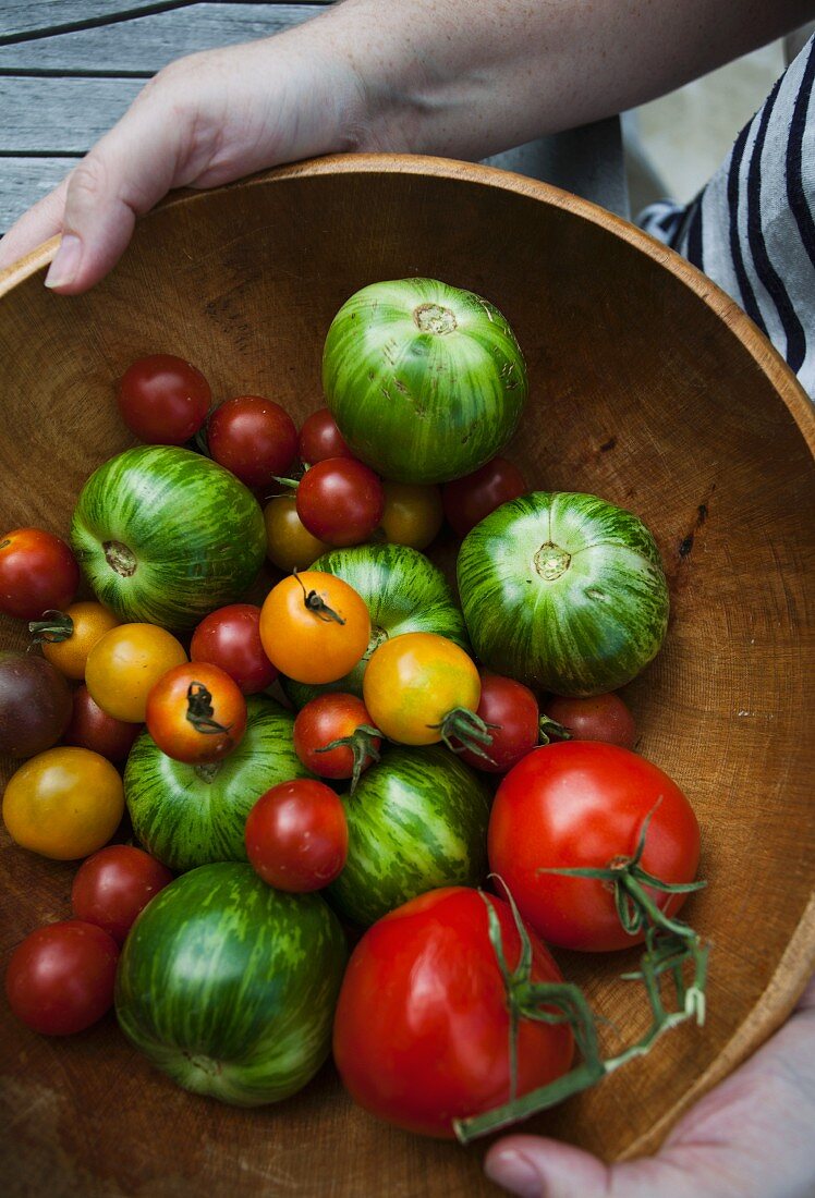 A woman holding a wooden bowl filled with various types of tomatoes