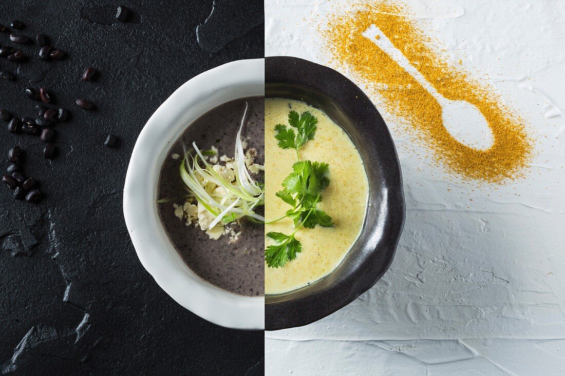 Schwarze Bohnen Suppe und Mango-Ingwer-Suppe