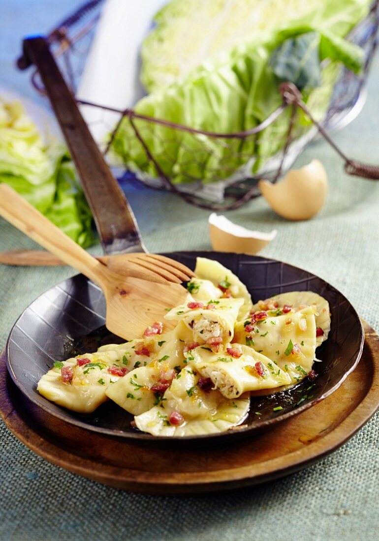 Pierogi filled with cabbage and bacon (Poland)