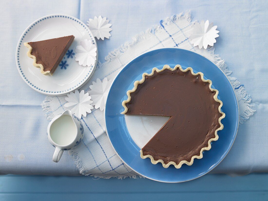 Creamy chocolate tart, sliced