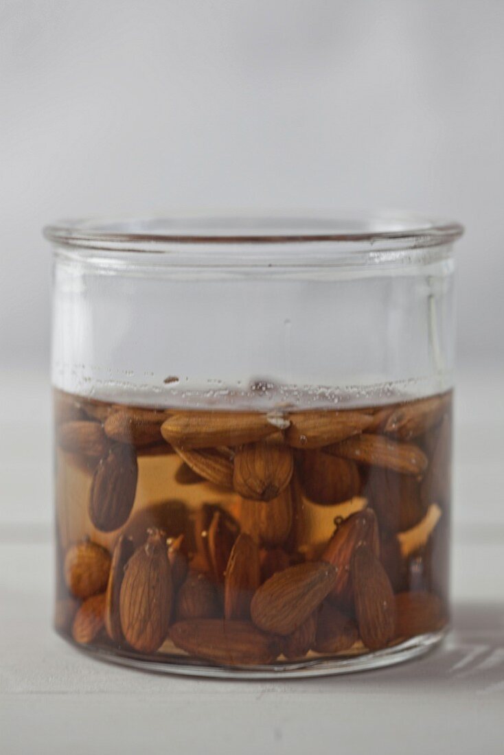 Almonds being softened in water to create almond milk