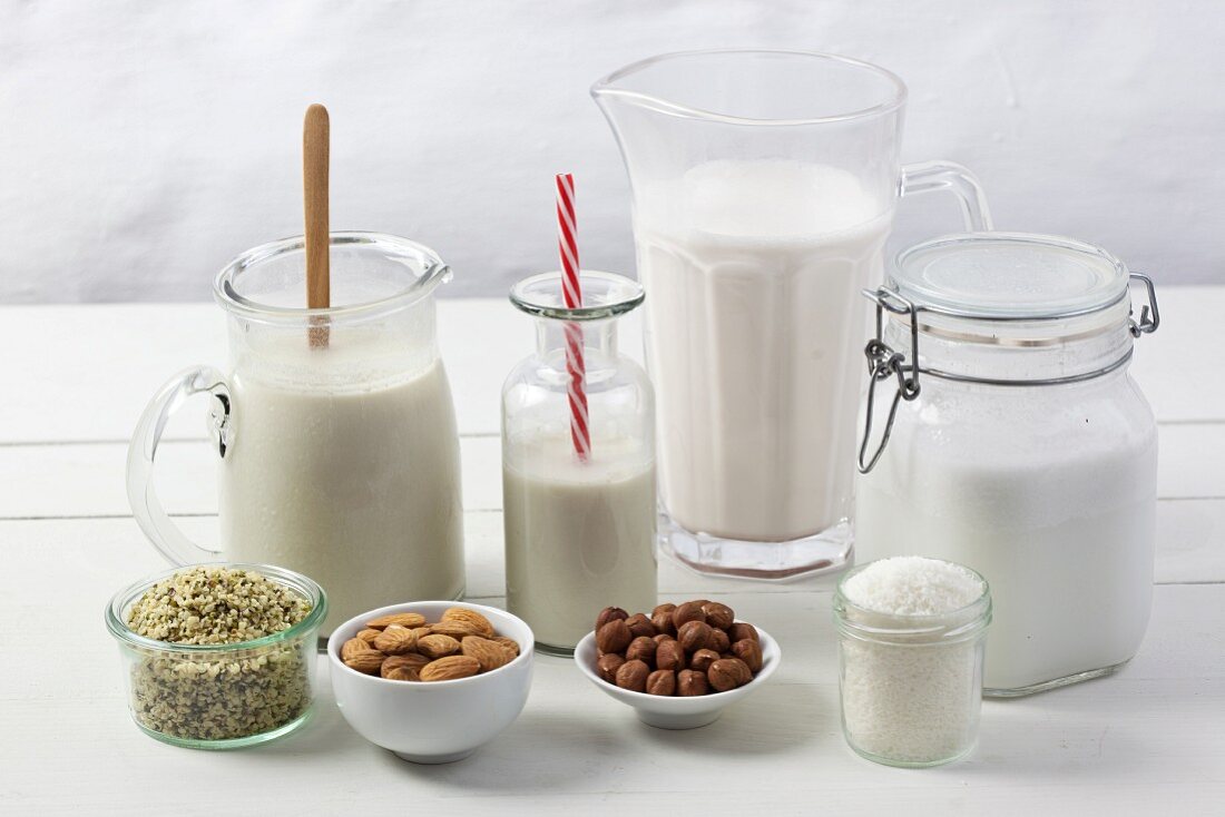 Various types of vegan milk with ingredients