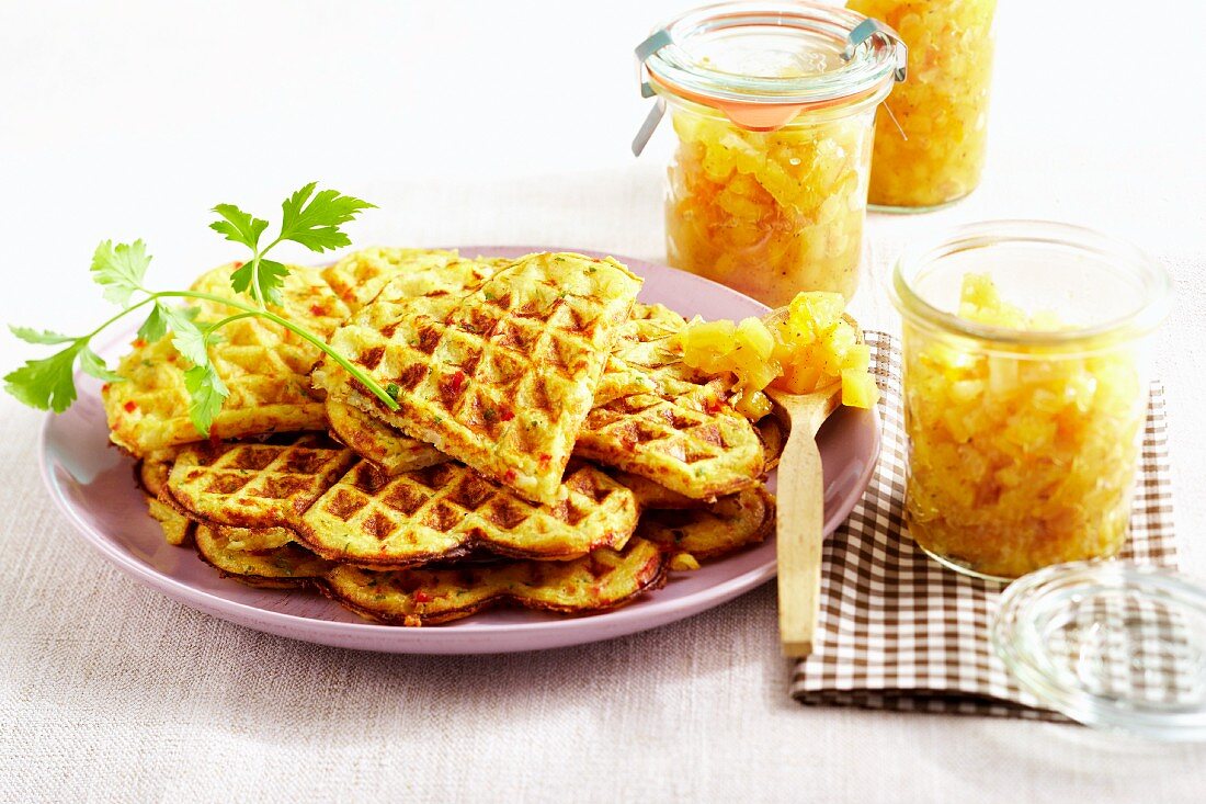 Parsley root waffles with quince chutney