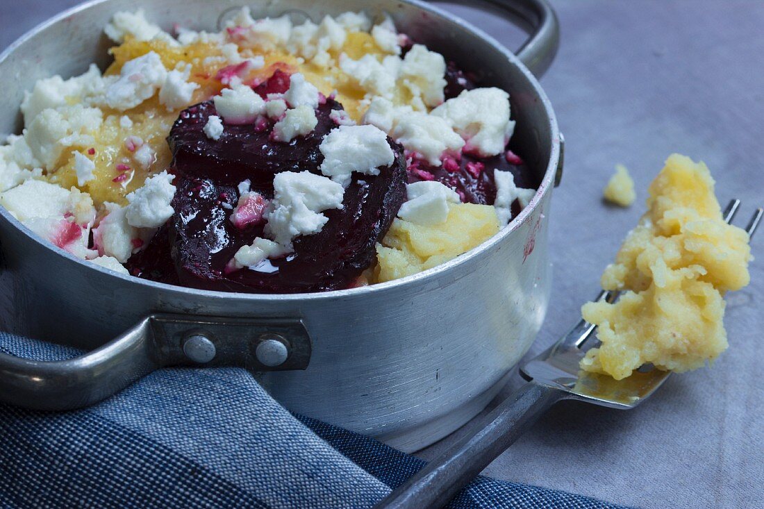 Mashed potato bake with beetroot and feta cheese