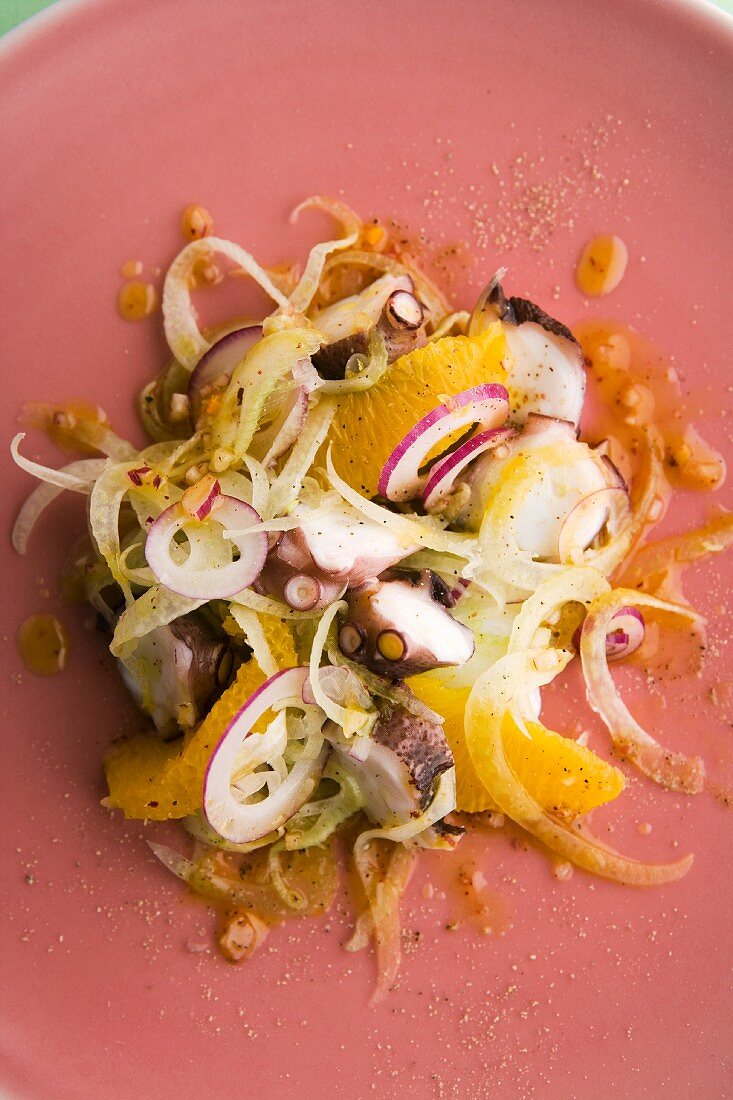 Squid salad with fresh fennel, oranges and teriyaki vinaigrette