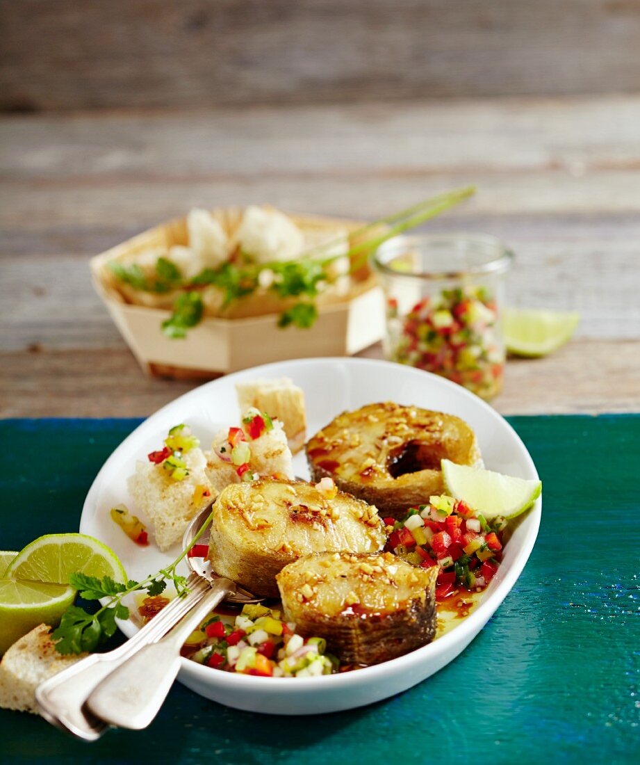 Salmon chops with a pepper and cucumber salsa