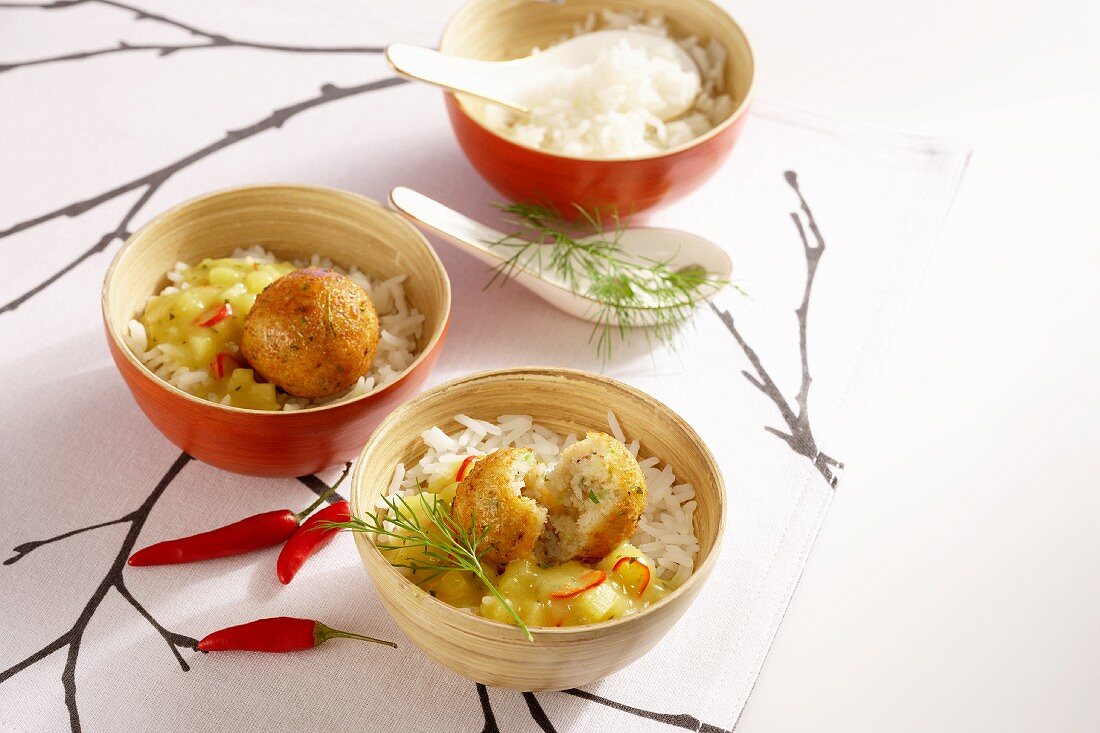 Cod balls in a fruity curry sauce on a bed of rice (Asia)