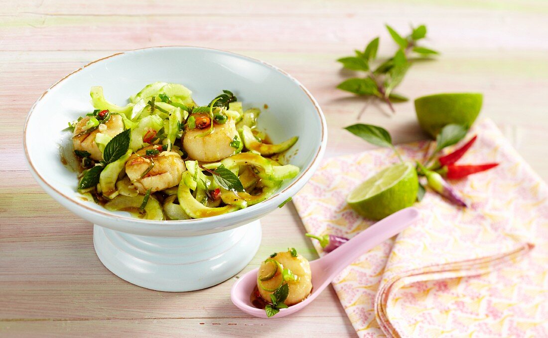 Fried scallops on a mint and cucumber salad