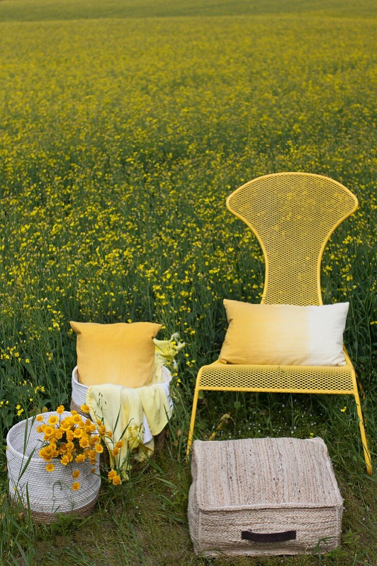 Flechtkörben, Blumen und Kissen neben gelbem Metallstuhl am Rapsfeld