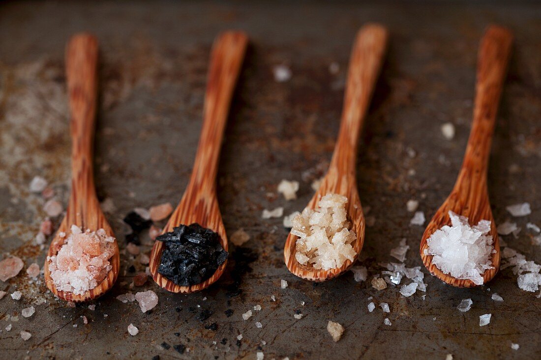 Various types of sea salt on wooden spoons