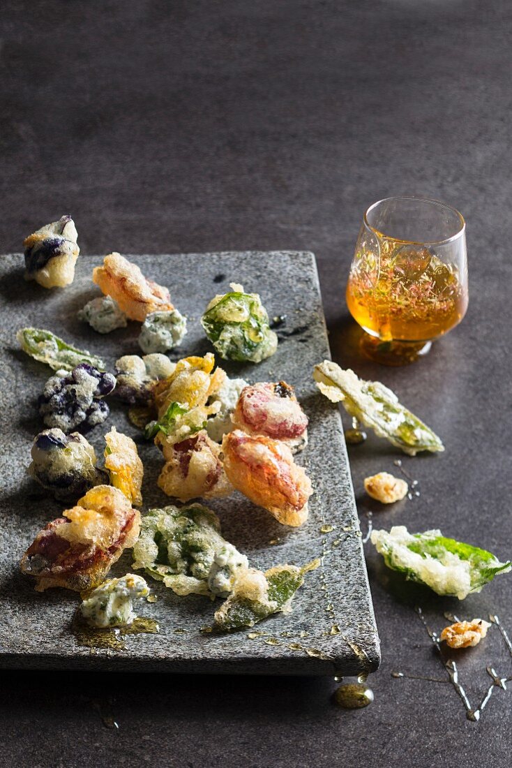Edible flower and herb tempura with honey