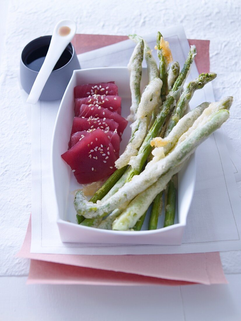 Asparagus tempura with tuna fish (Japan)