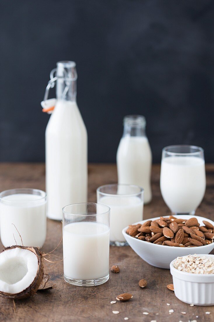 Hausgemachte veganer Milchersatz in Gläsern und Flaschen