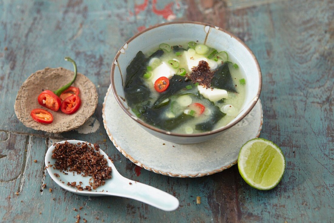 Vegan miso soup with kaniwa, silken tofu and wakame algae