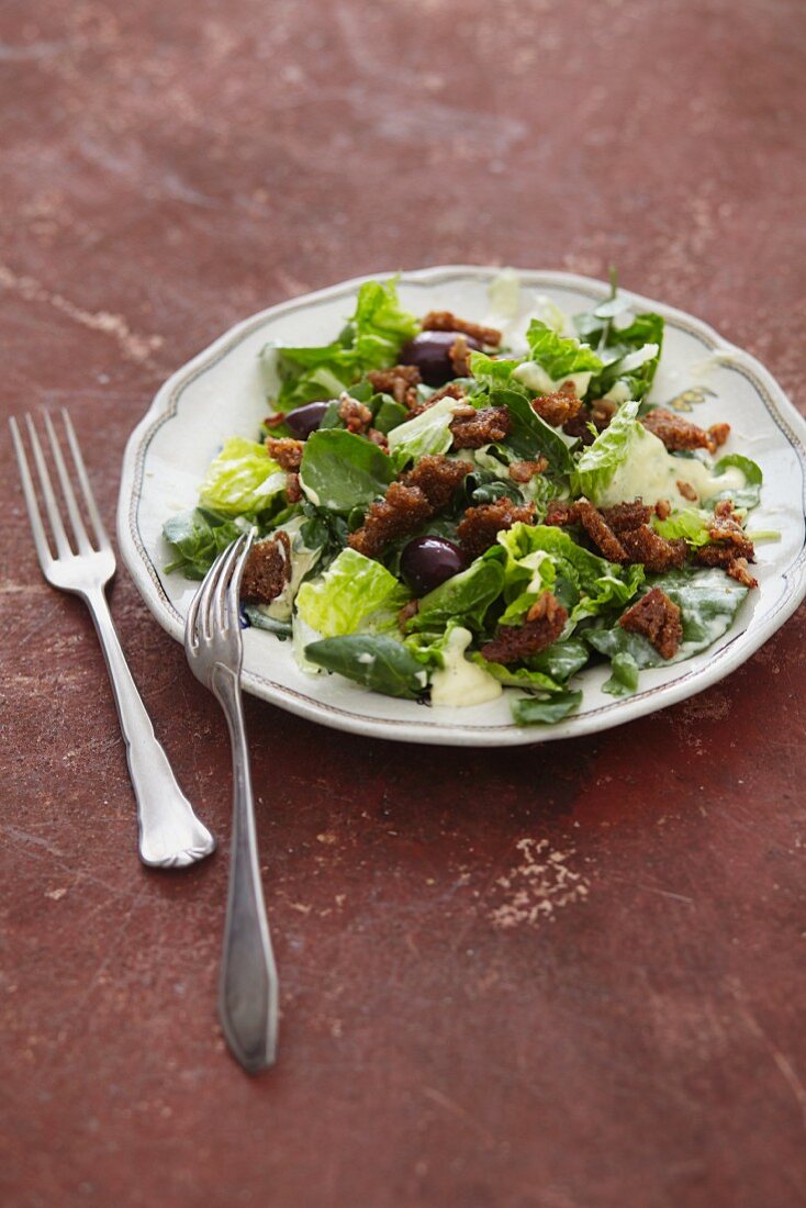 Vegan Caesar salad with watercress and rye bread