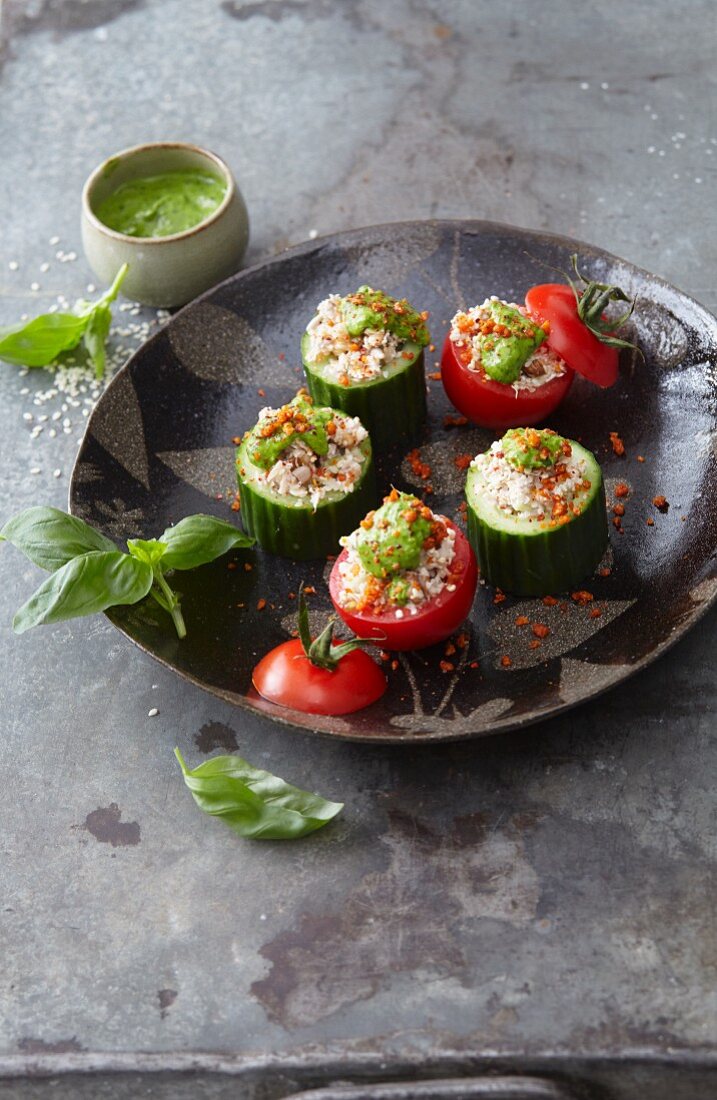 Tomatoes and cucumber filled with quinoa (vegan)