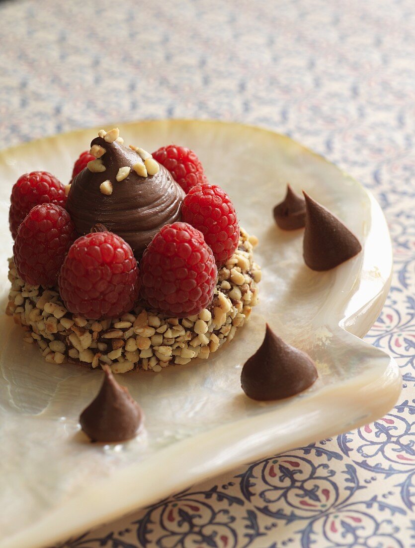 Chocolate cake with nuts and raspberries