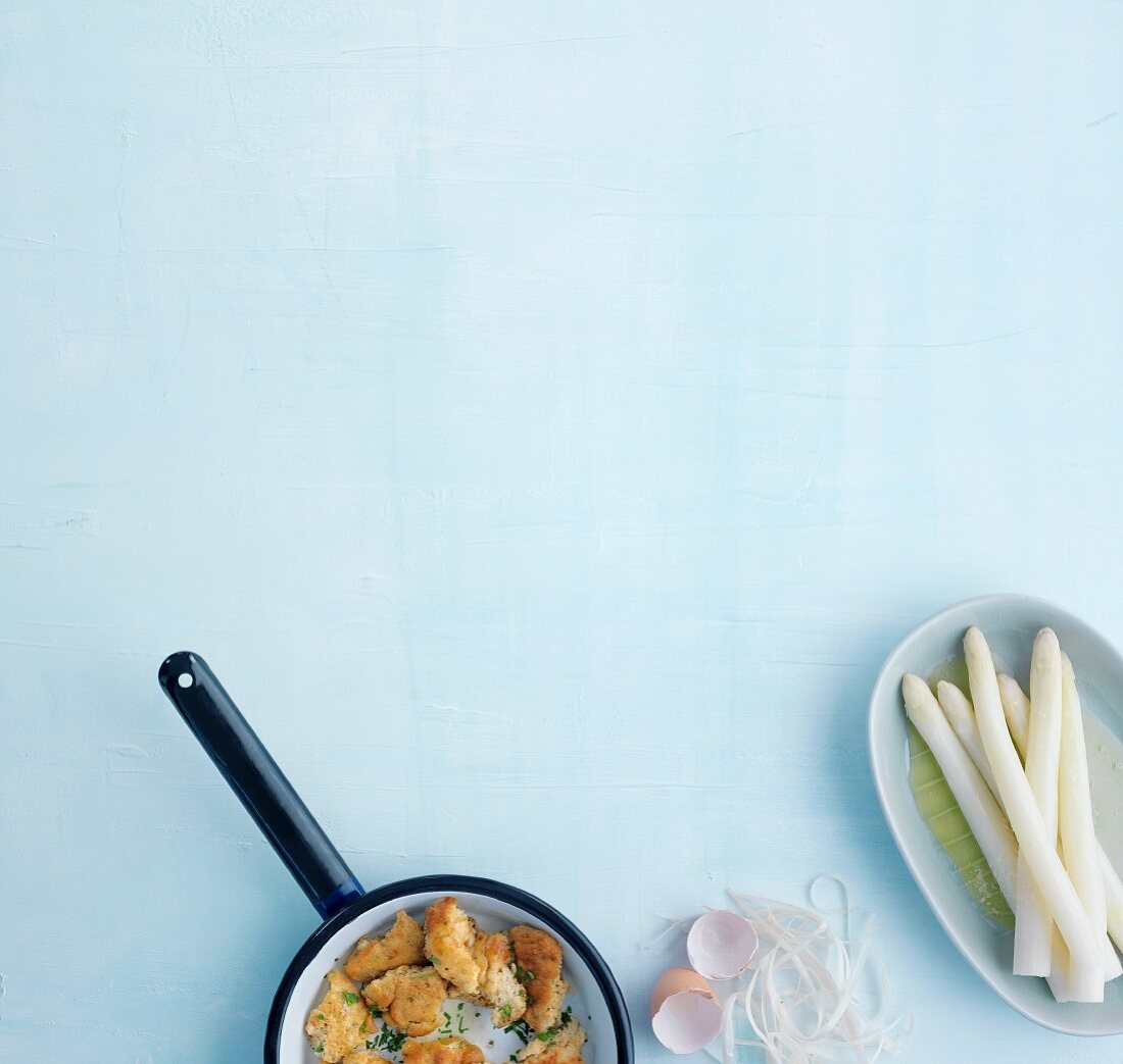 White asparagus with herb shredded pancakes