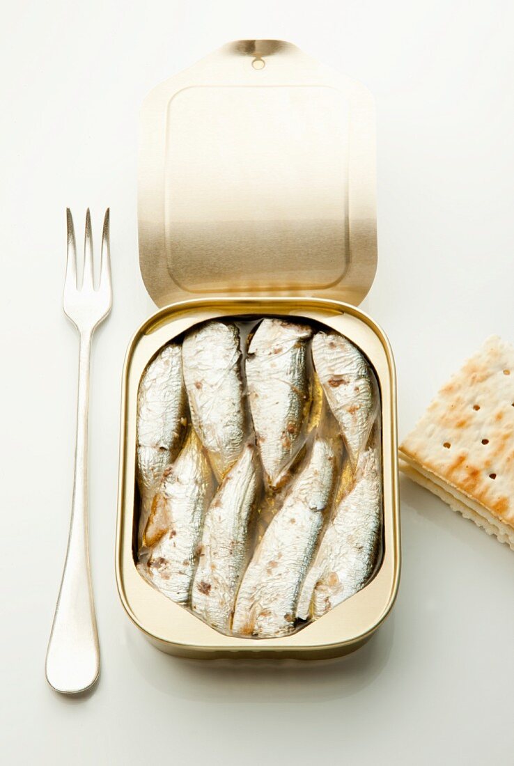 An open tin of sardines with a fork and crackers