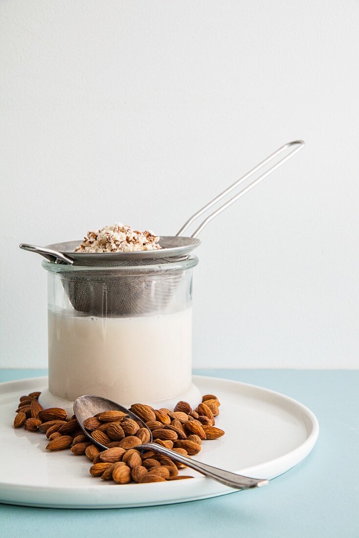 Homemade almond milk with almonds